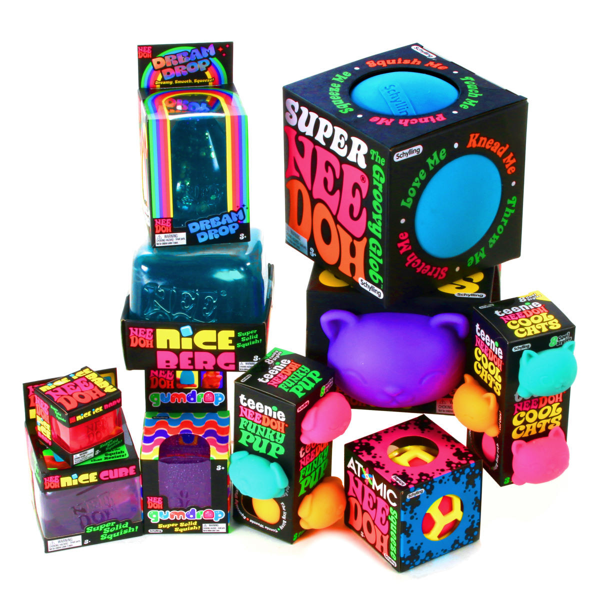 A pile of various NeeDoh products